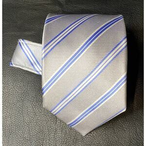 Haines & Bonner Of London Hand Made Silk Tie Silver -Blue Stripes Deluxe Quality